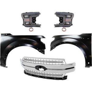 Replacement 5-Piece Kit, Front, Driver and Passenger Side Fender, For Models With Wheel Opening Molding and Active Park Assist System, CAPA Certified, Includes (2) Fender, (1) Grille, and (2) Headlight