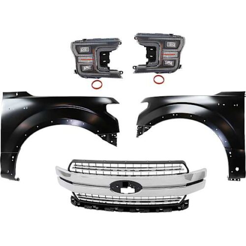 Replacement 5-Piece Kit, Front, Driver and Passenger Side Fender, For Models With Wheel Opening Molding and Active Park Assist System, CAPA Certified, Includes (2) Fender, (1) Grille, and (2) Headlight